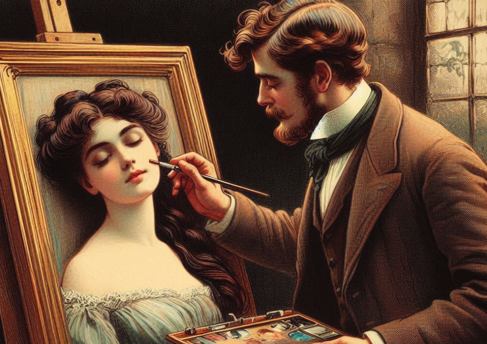 A man painting the portrait of the woman he loves. She is slightly out of the canvas.